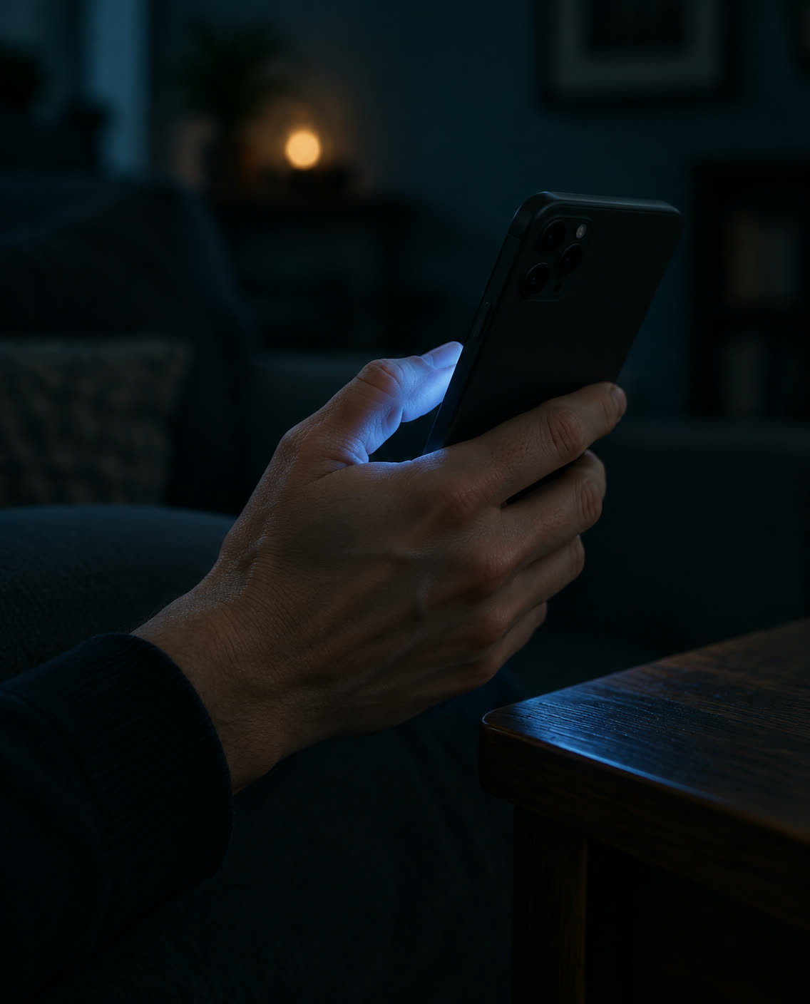 A hand holding a smartphone at night, its screen turned away.